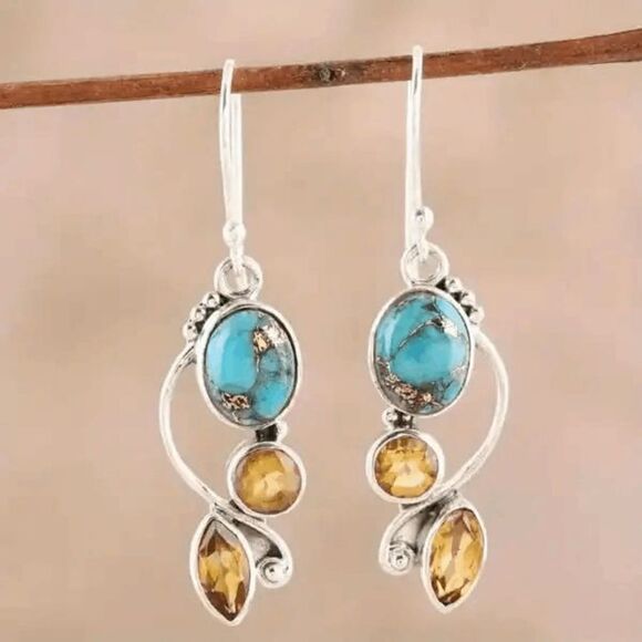Turquoise Citrine Silver Plated Geometric Dangle Earrings - Picture 6 of 6